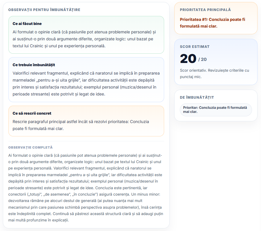 Feedback SelfBac pentru un răspuns la Subiectul I B